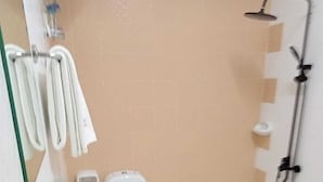 Une salle de bain avec un lavabo, des toilettes et une douche.