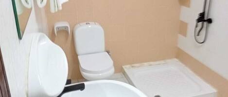 Un baño con lavamanos, inodoro y ducha.