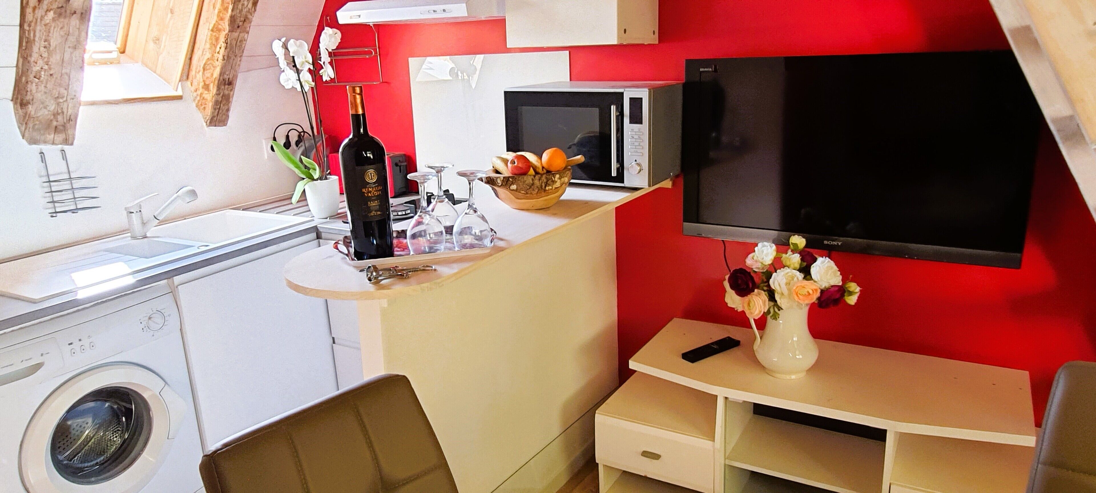 Een compacte keuken met een wasmachine, een magnetron, een televisie en een klein eethoekje met een bloevas.