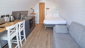 Ein kompakter, gut beleuchteter Raum mit einer Küchenzeile, einem Bett und einem Schlafsofa.