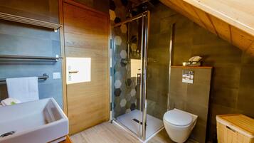 Douche, articles de toilette gratuits, sèche-cheveux, peignoirs