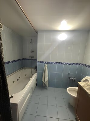 Een haardroger, handdoeken, zeep, toiletpapier