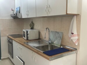 A kitchen with a built-in microwave, stainless steel sink, and wooden countertop. - Hysa guest house (Shkodër)