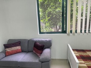 A room with a grey sofa, a window with a view of greenery, and a radiator.