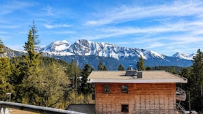A cabin with a view of snow-capped mountains, surrounded by trees.