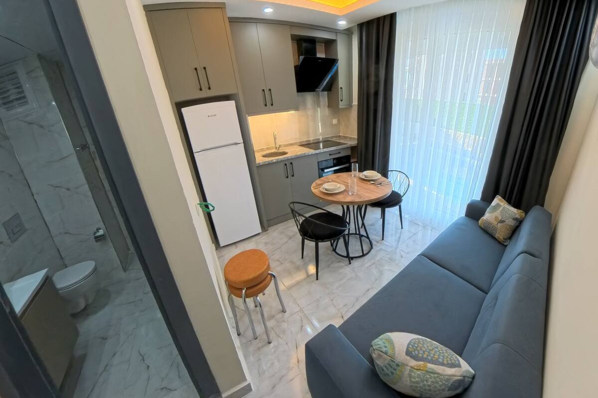 A compact living space with a kitchenette, a dining area, and a seating area.