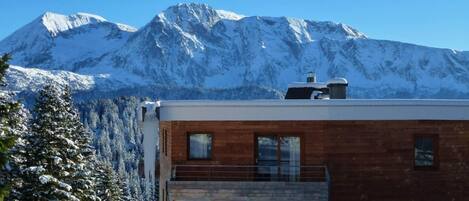 A modern building with a wooden facade and a balcony, set against a backdrop of snow-covered mountains.