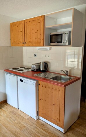 A compact kitchen with wooden cabinets, a microwave, a dishwasher, and a toaster. - 70m from ski slopes, fitness, swimming pool, sauna, balcony, parking, tv, 50-53m², Chamrousse (Chamrousse)