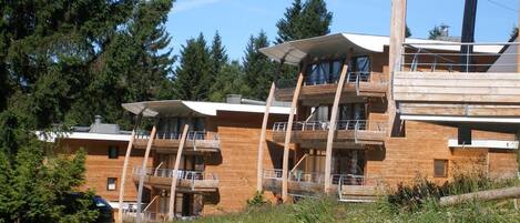 A modern building with multiple balconies and a wooden facade.