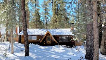 Una cabaña rodeada de altos pinos, con techo cubierto de nieve y fachada de madera.