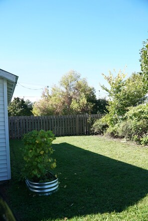 A backyard with a wooden fence, a small tree, and a metal planter.