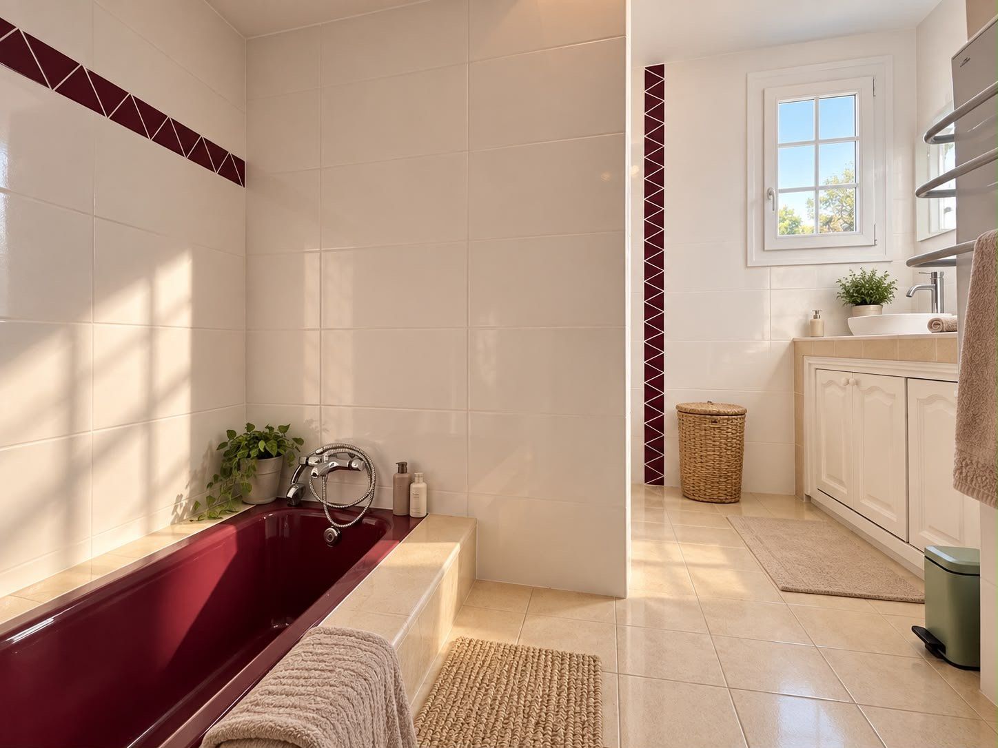 A bathroom with a bathtub, a shower, a sink, and a window.