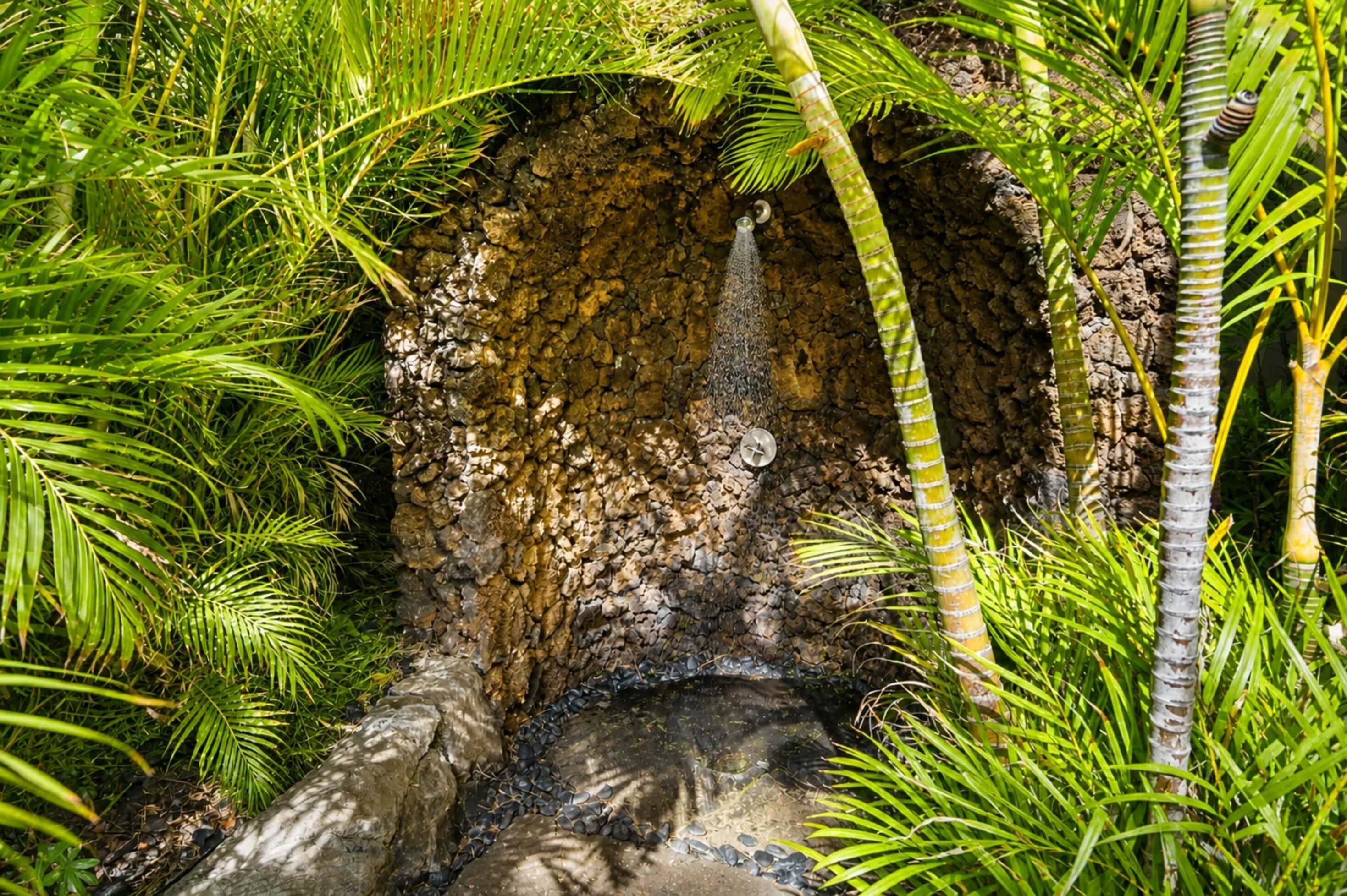 A natural rock formation with a water feature, surrounded by lush greenery.
