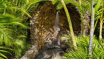 A natural rock formation with a water feature, surrounded by lush greenery.