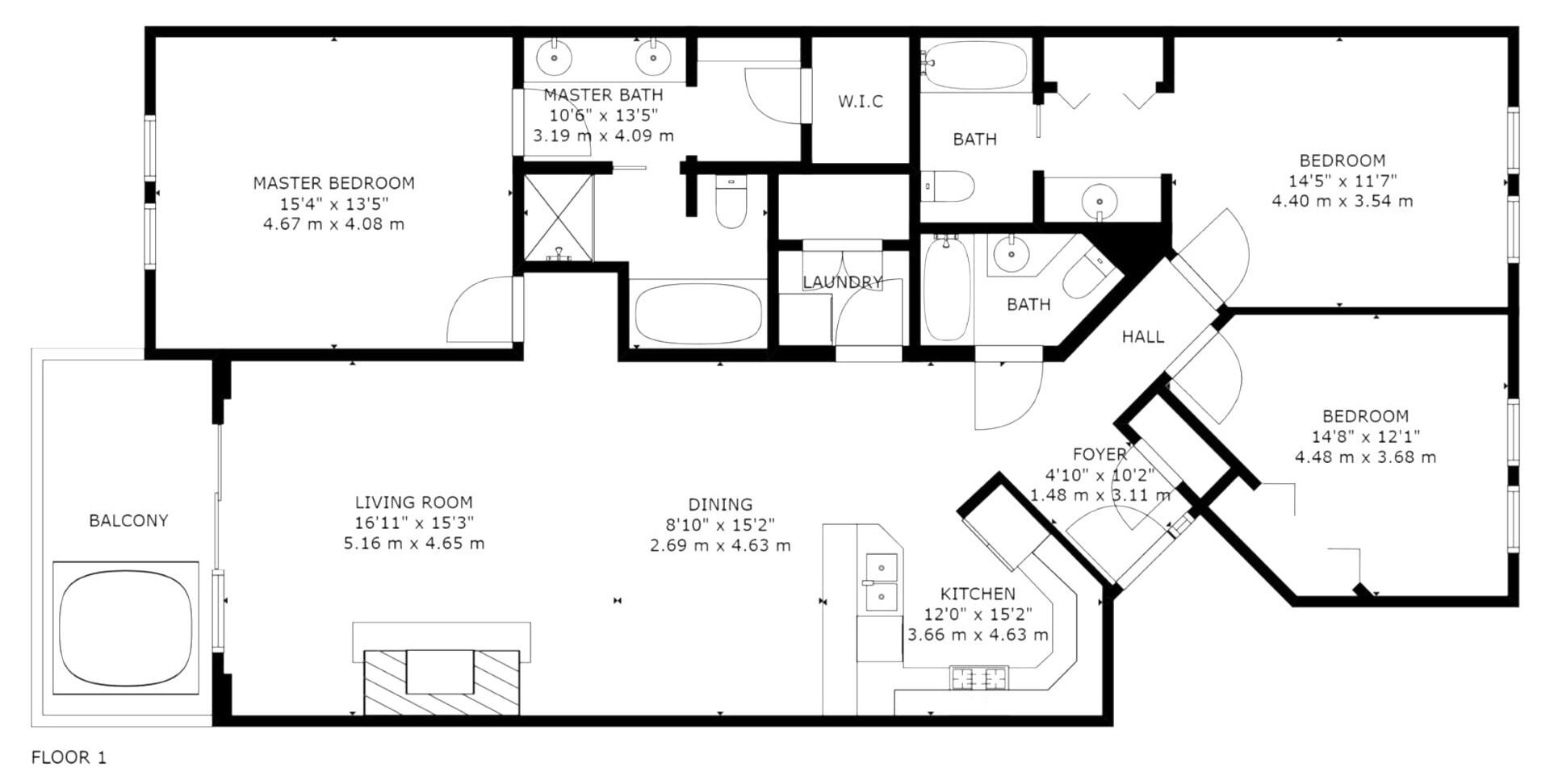 Planta baixa de um hotel mostrando um quarto principal, sala de estar, varanda, área de jantar, cozinha e duas casas de banho.