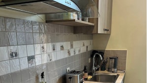Une cuisine équipée d’une plaque de cuisson à induction noire, d’un grille-pain, d’un évier et d’une hotte aspirante en acier inoxydable.