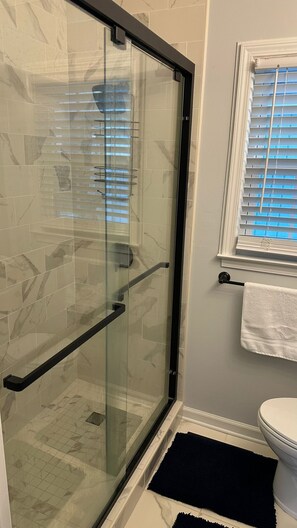 Hair dryer, towels, soap, toilet paper