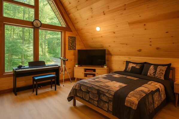 A cozy bedroom with a bed, a desk with a computer, a television, and a window with a view of the forest.