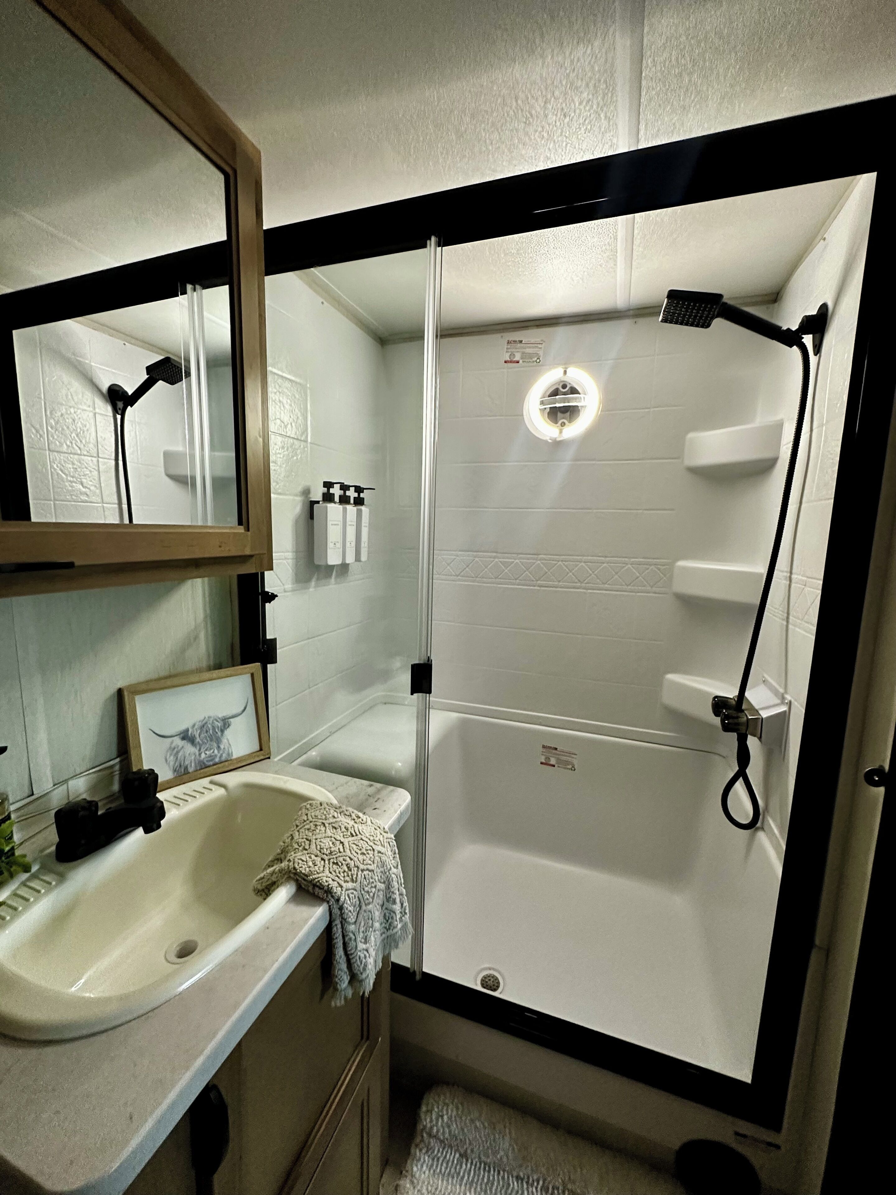 Hair dryer, towels, soap, toilet paper