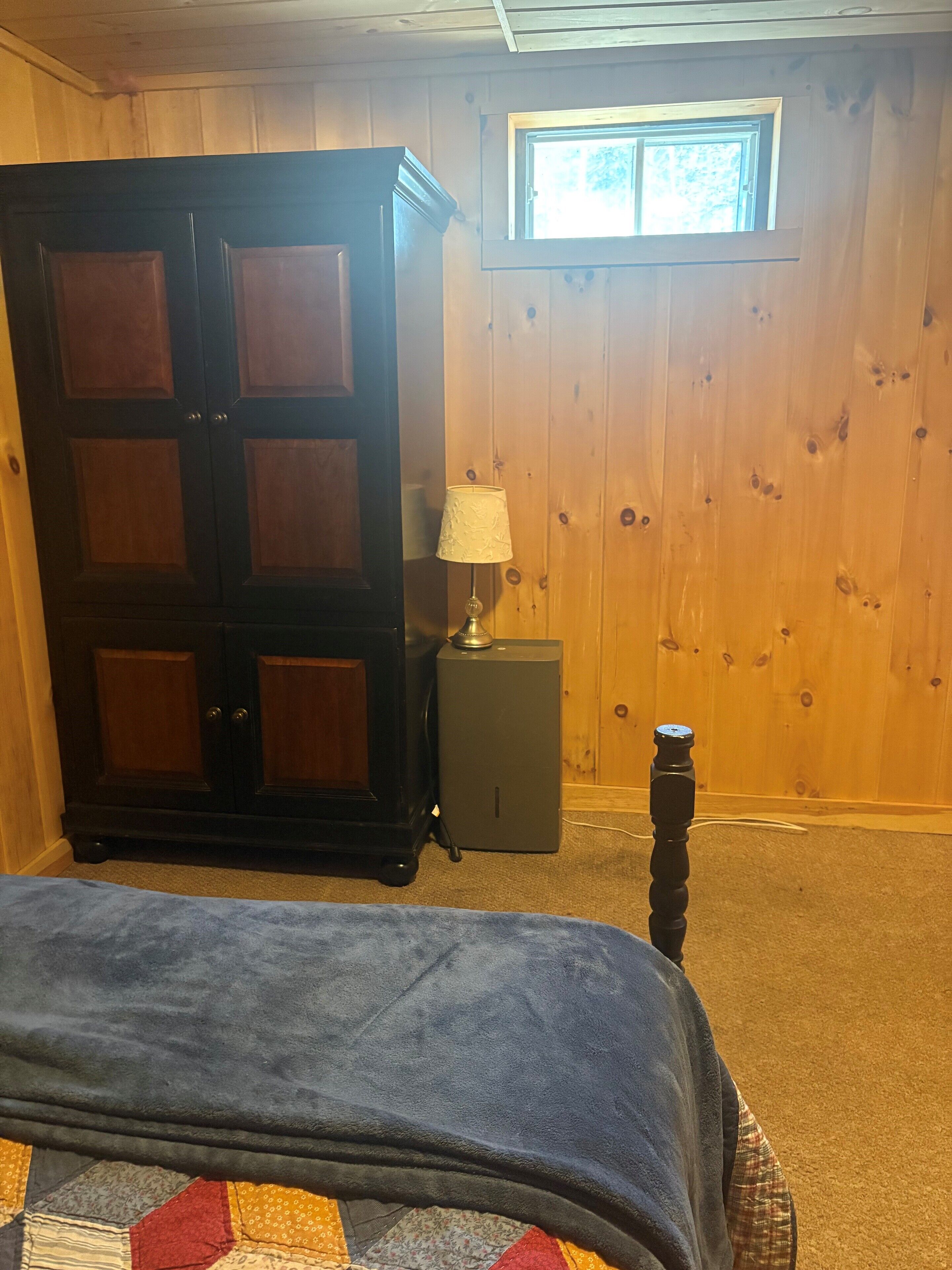 A bedroom with a wooden wardrobe, a small bedside table with a lamp, and a window with a view of trees.