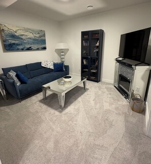 Téléviseur connecté, foyer, lecteur de DVD, livres