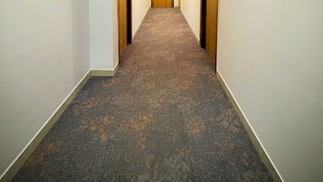A hotel hallway with carpeted floors, white walls, and wooden doors.