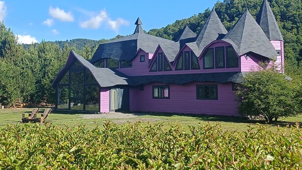 A pink house with multiple towers and a large window, surrounded by greenery and trees. - Spectra Lodge Boutique Hotel (Malalcahuello)