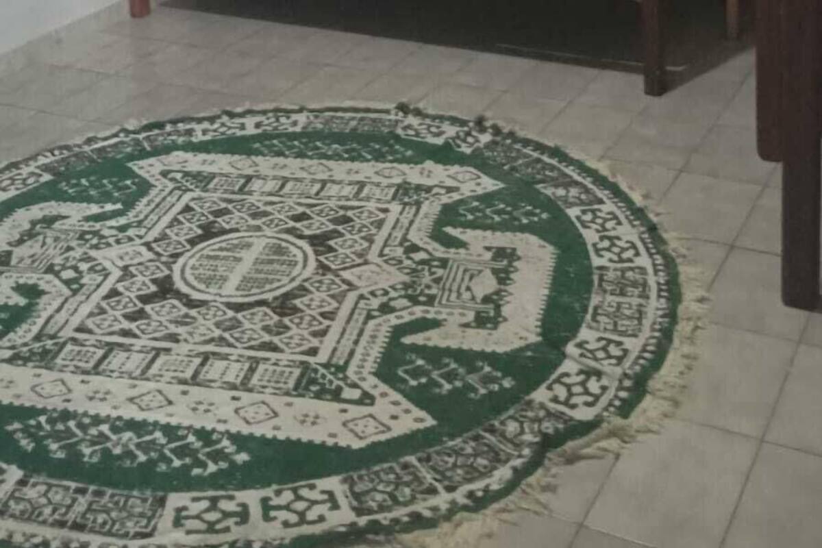 Une chambre avec un lit superposé, un tapis à motifs verts, une fresque murale et un appareil de climatisation.