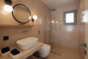 Hair dryer, towels, soap, toilet paper