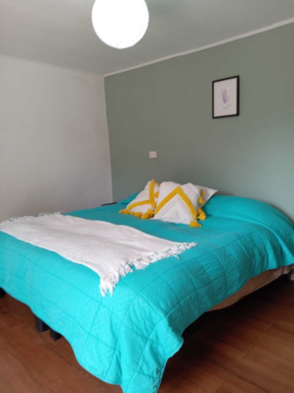 Una habitación con una cama, pared blanca, un cuadro enmarcado y una lámpara.