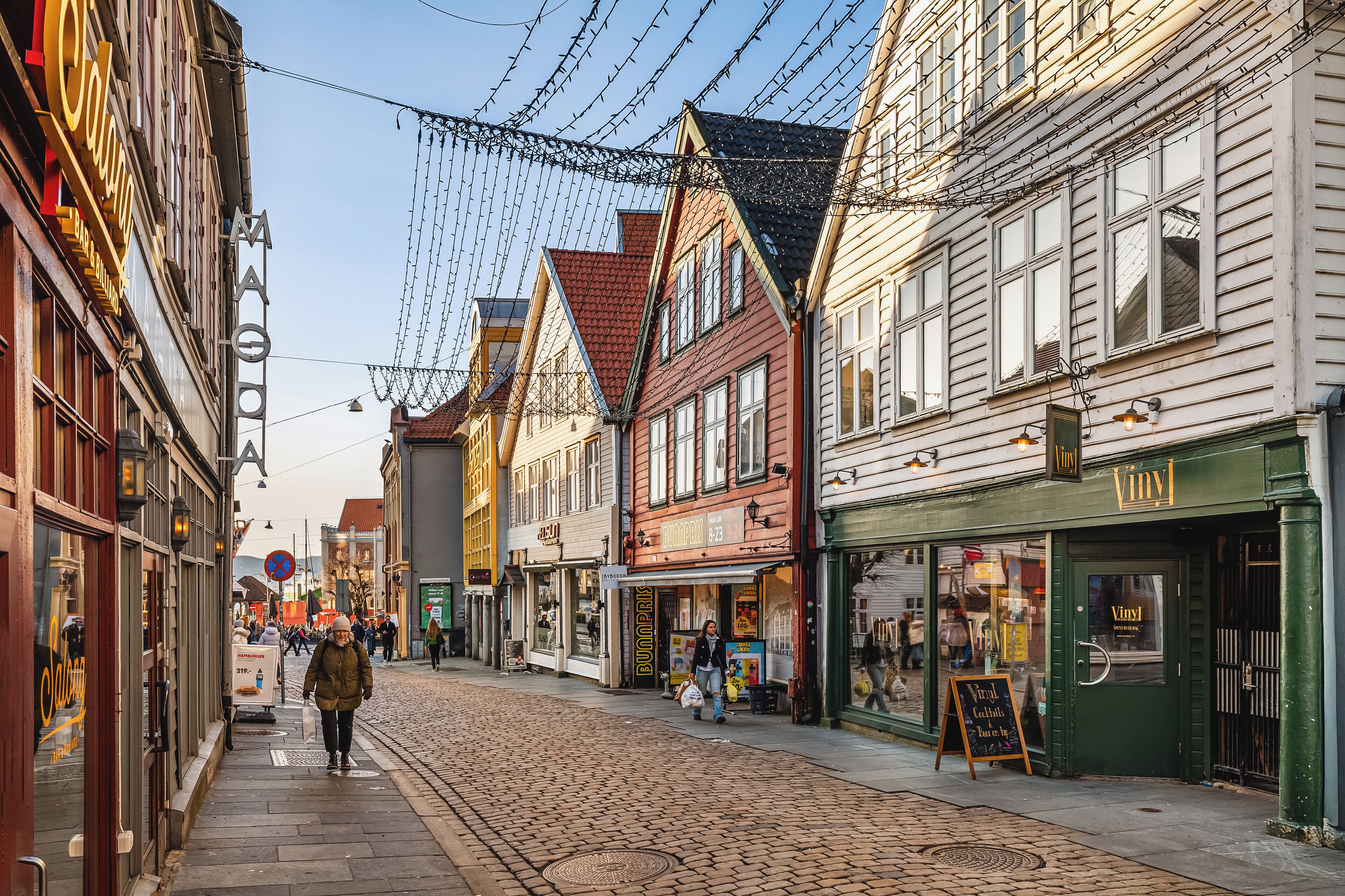 A cobblestone street lined with historic buildings, including a shop with a 'Vinyl' sign.