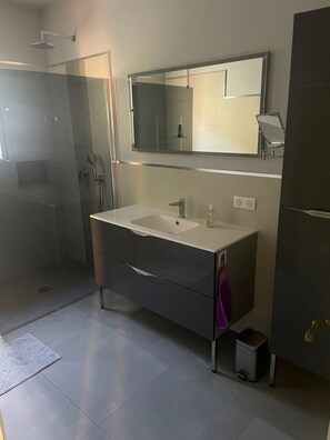 Douche, sèche-cheveux, serviettes fournies, papier toilette