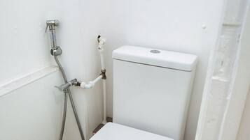 A bathroom with a white toilet, a shower, and a wall-mounted artwork.