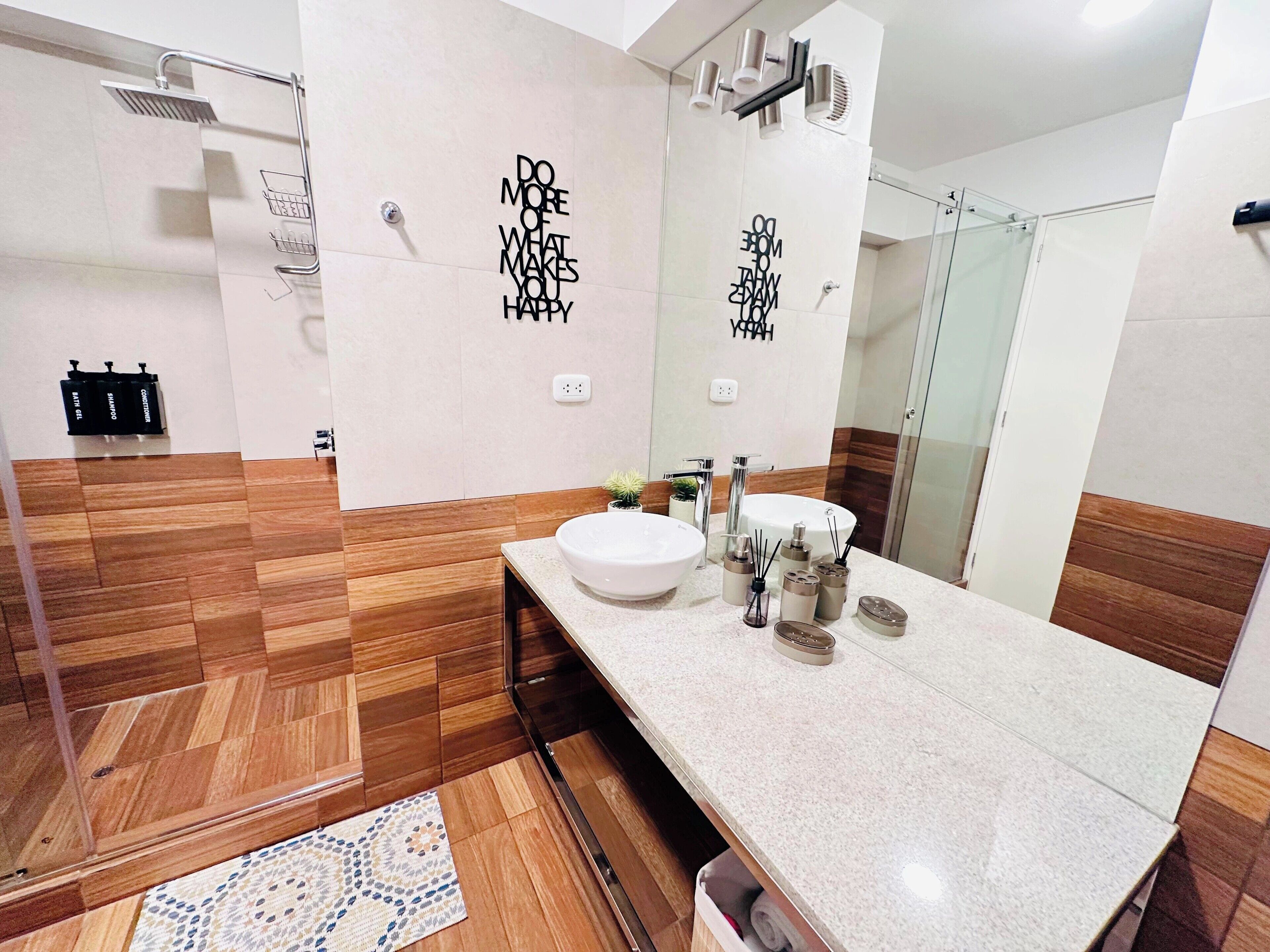 Hair dryer, towels, soap, shampoo