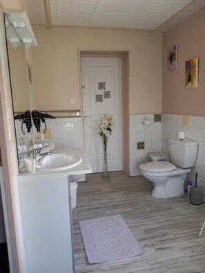 Hair dryer, towels, soap, toilet paper