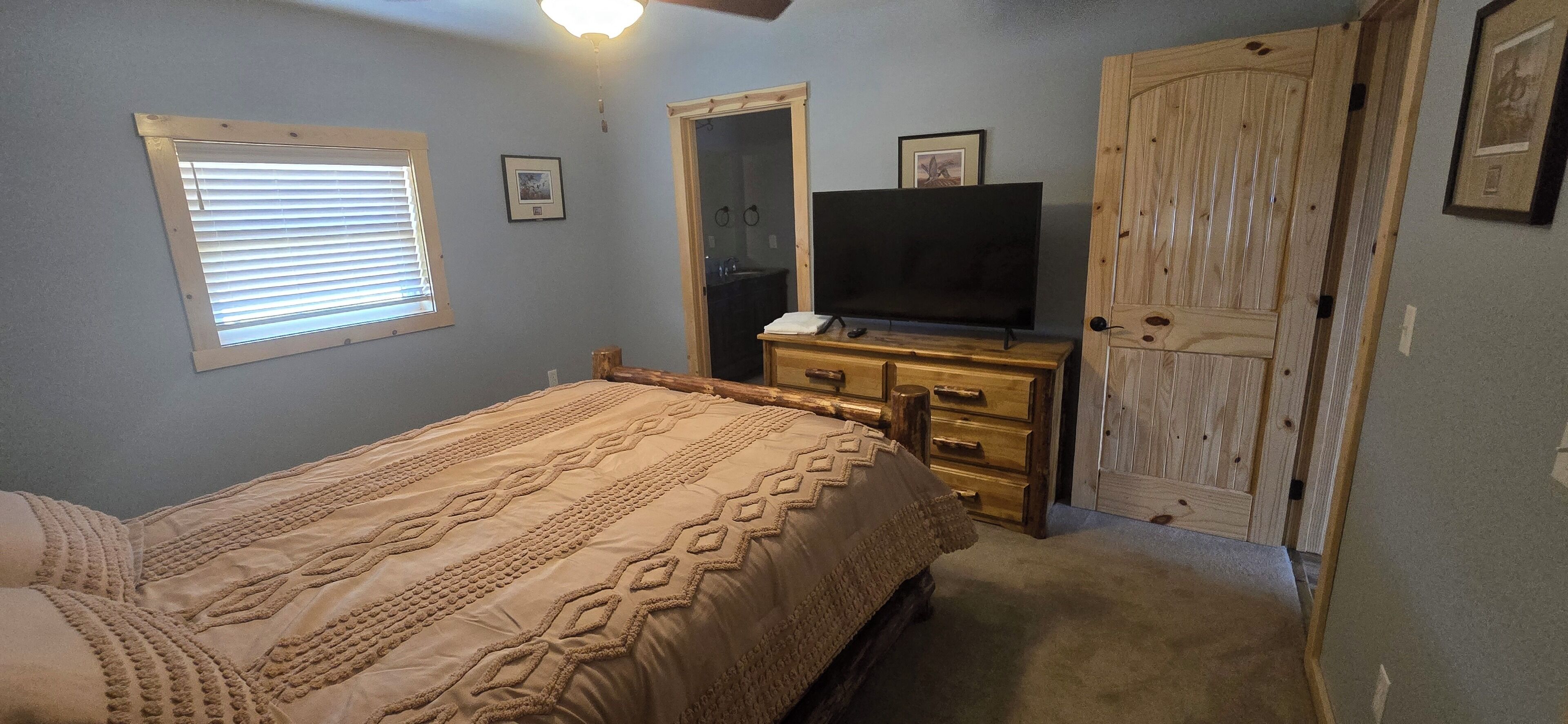 A bedroom with a bed, a dresser, a television, and a door.