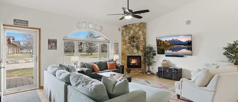 Télévision, cheminée, espaces bureaux