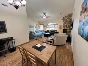 TV, fireplace, offices