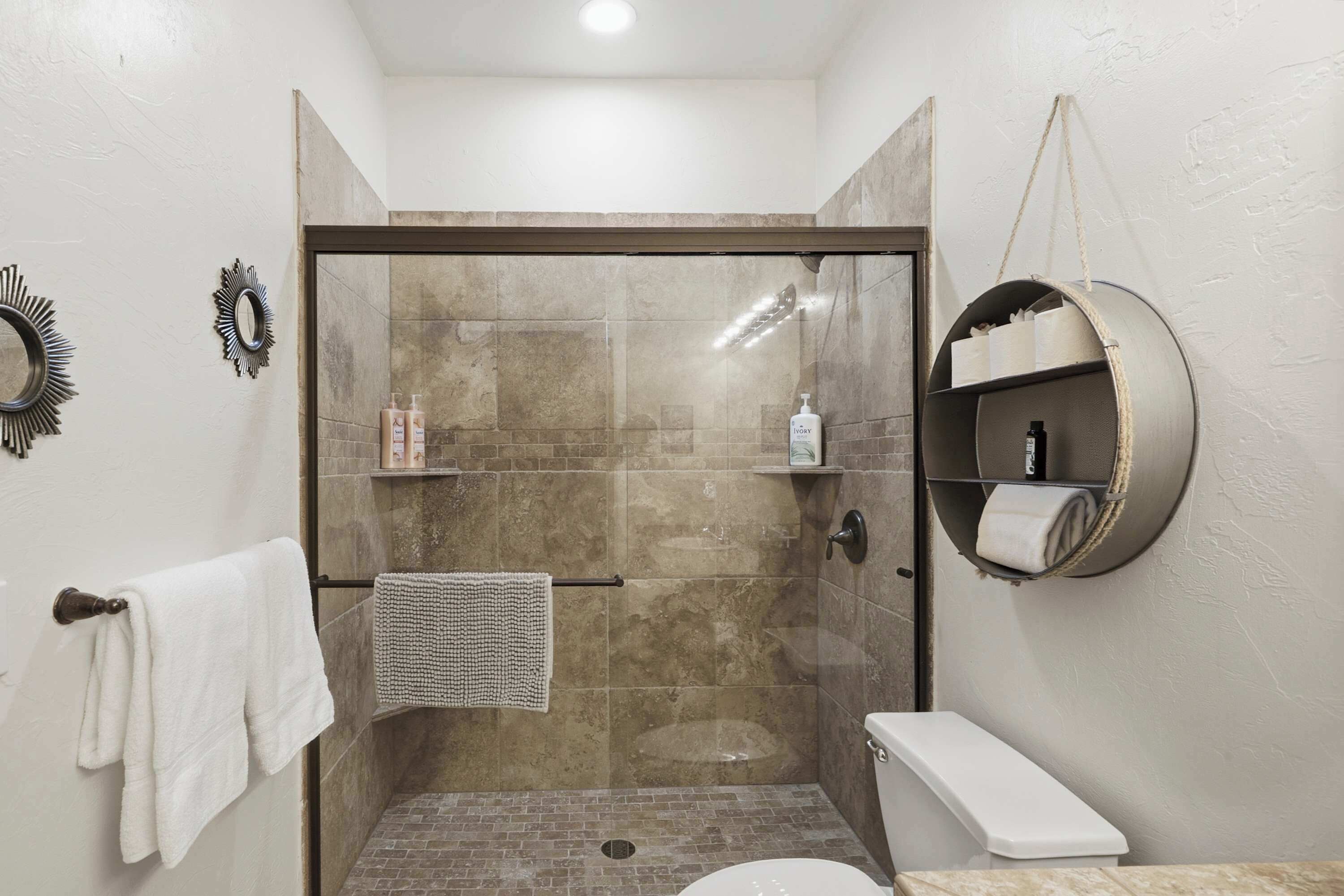Shower, hair dryer, shampoo