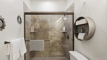 Shower, hair dryer, shampoo