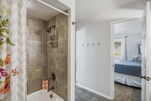 Shower, hair dryer, shampoo
