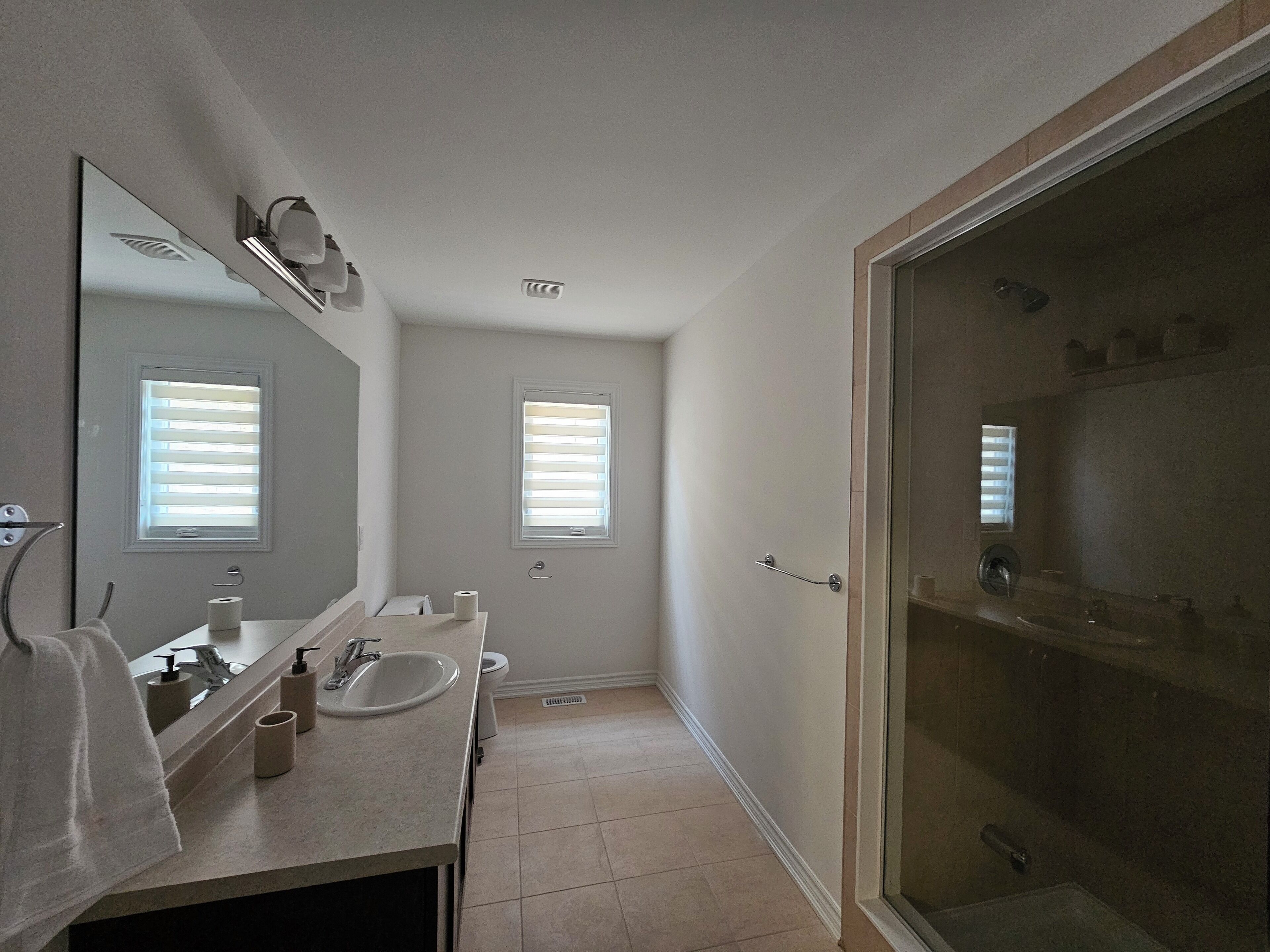 A bathroom with a sink, mirror, toilet, and a shower area.