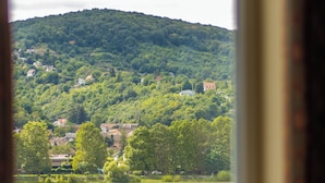 A view through a window of a river with a forested hill in the background. - Aquamarina Hotel Visegrád (Visegrád)