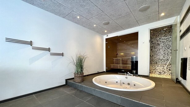 Une salle de bain moderne avec une grande baignoire sur pieds, une plante en pot et un sol carrelé.
