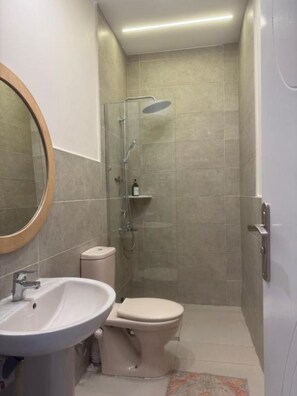 Shower, hair dryer, towels, toilet paper