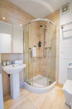 Ein modernes Badezimmer mit einer gläsernen Duschkabine, einem Standwaschbecken und einer Toilette.