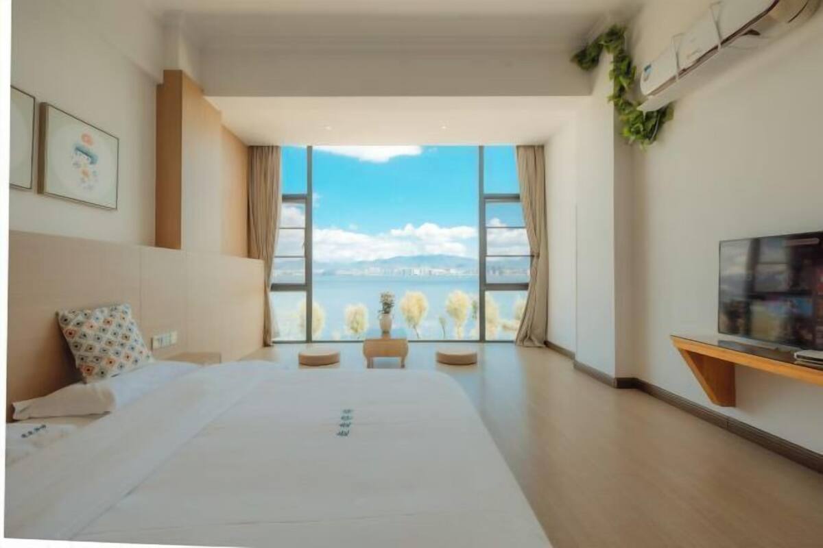 Une chambre d’hôtel avec un grand lit, une télévision, une fenêtre donnant sur la ville et une petite table avec une plante.