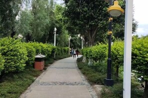 A pathway with a lamp post and a trash bin, surrounded by greenery. - Dali Zouzou Tingting Seaview Inn (Dali City)