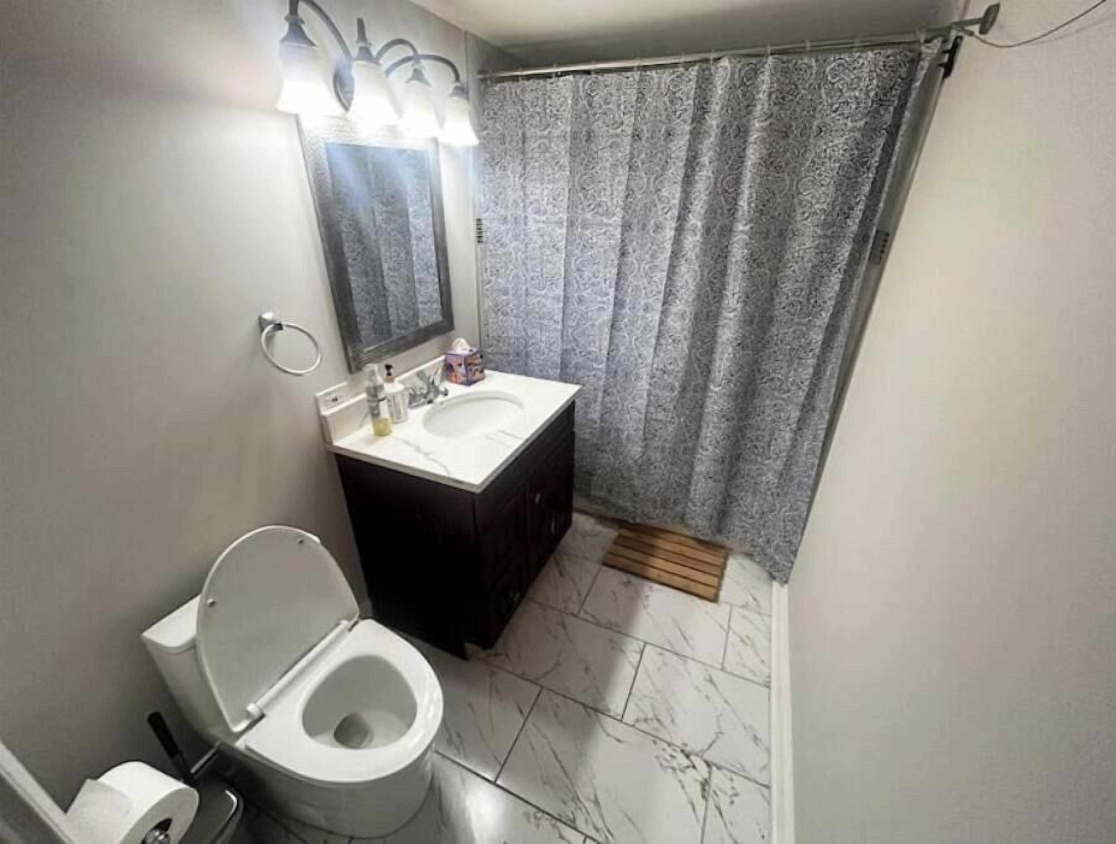 Hair dryer, towels, soap, toilet paper