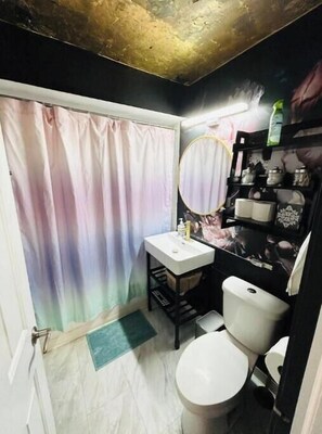 Hair dryer, towels, soap, toilet paper